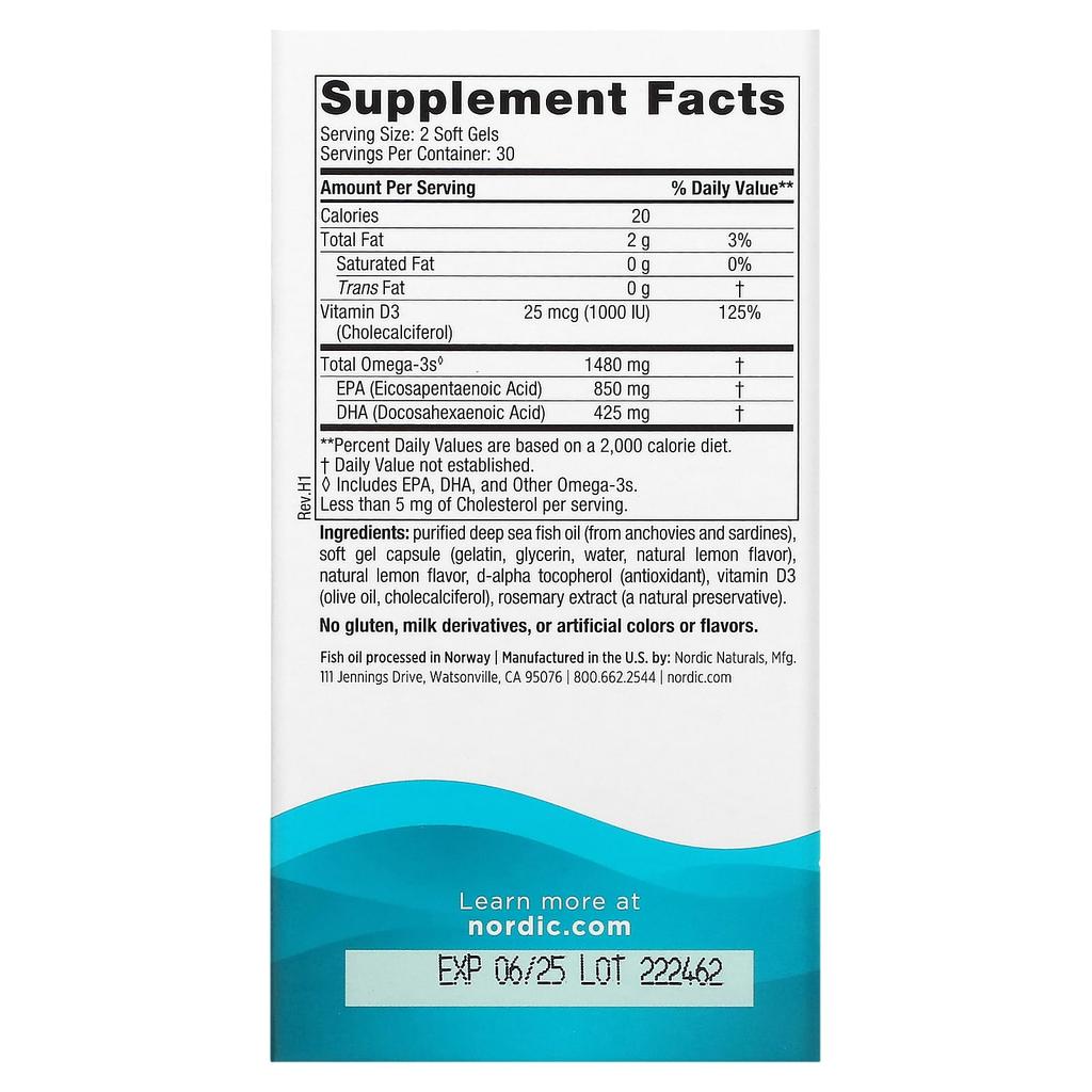 Nordic Naturals Ultimate Omega Xtra, Lemon, 1,480 Mg, 60 Softgels (740 Mg Per Softgel)