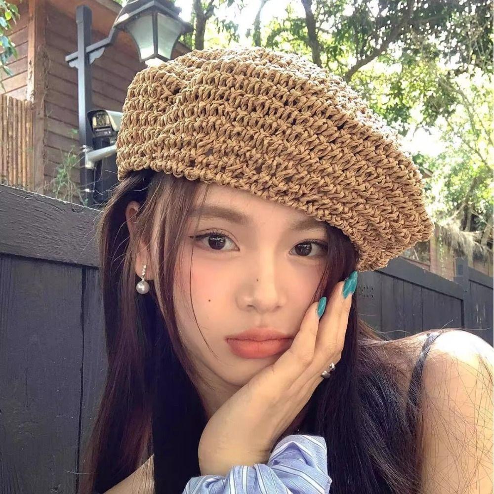 Thin French Crochet Beret Handmade Beach Weave Beret Boho Summer Straw Beret Holiday Wear