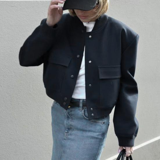 Женская повседневная куртка с длинными рукавами и воротником-стойкой, сплошной цвет, застежка на пуговицах, большой карман, короткие женские женские бомберы, укороченное пальто, верхняя одежда