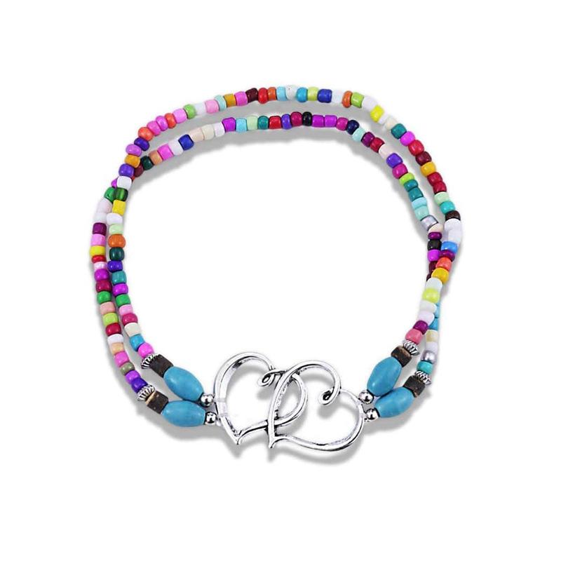 1Pcs Double heart rice bead bracelet, Bohemian double-layer elastic bracelet, beach chain, couple bracelet