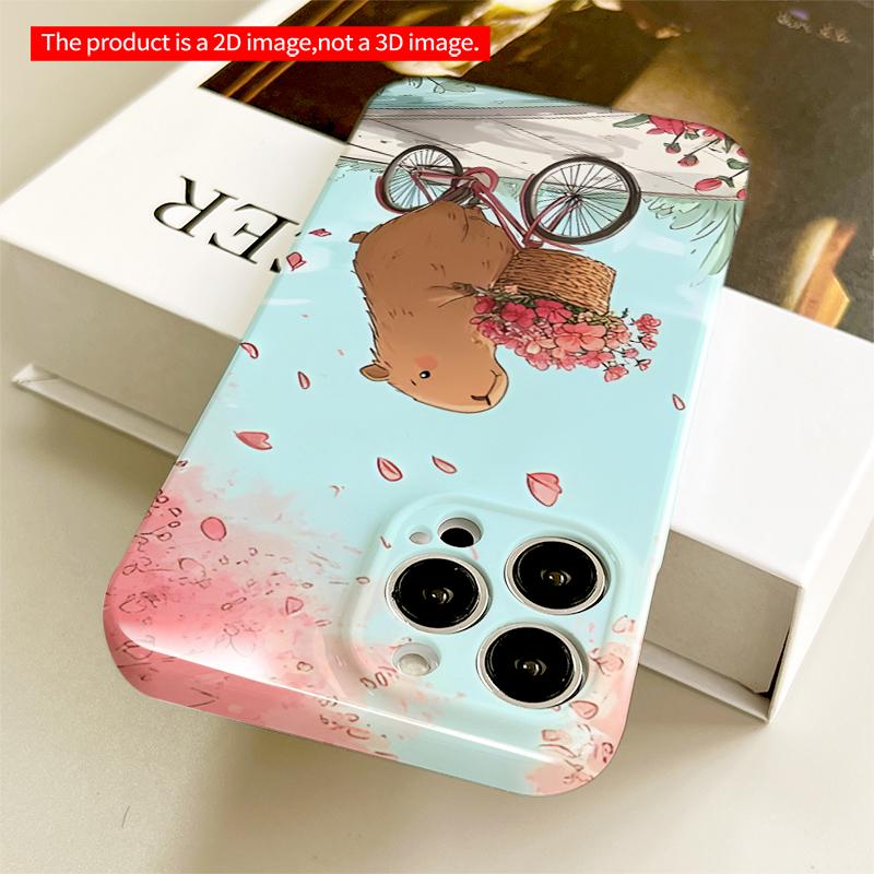 2DFlat Capybara Riding Bike with Flower Basket All inclusive film hard iPhone case, compatible with iPhone 18 Pro Max 17 16 15 14 13 12 11