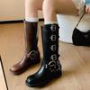 Brown Blet Buckles Mid Calf Boots New Design Round Toe Chunky Heel Knight Boots Women Shoes 2024 Fashion Zapatos Para Mujere