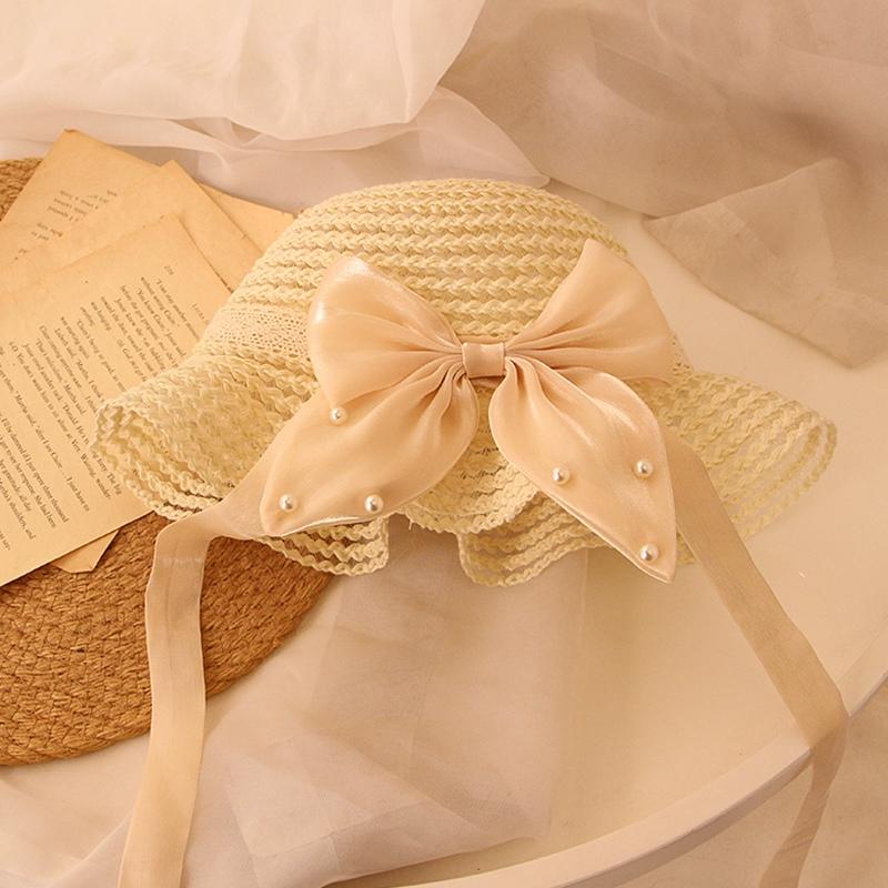 Детские соломенные шляпы для девочек, солнцезащитные шляпы, атласные украшения с бантом и лентой