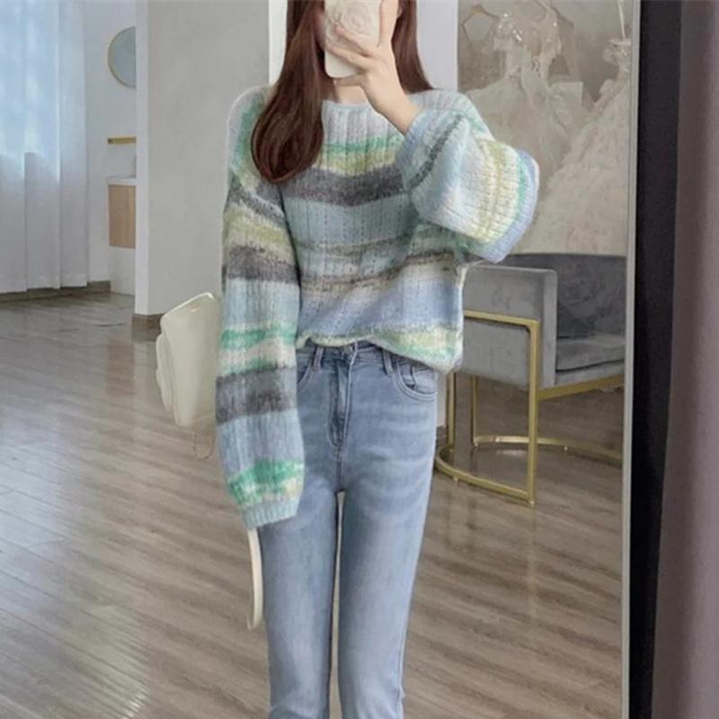 Нежный ветер Цветовое столкновение Полосатый свитер Женский Тонкий свитер Ранняя осень и Зима Носить Топ Сладкий Пуловер Тренд