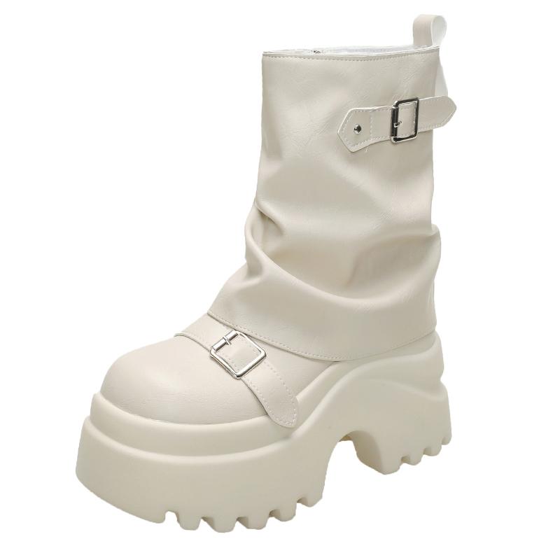 Модные женские кожаные ботинки Новые зимние мотоботы 9,5 см клиновидный каблук Высокая платформа Массивная обувь Женские осенние Толстая подошва Панк ботинки