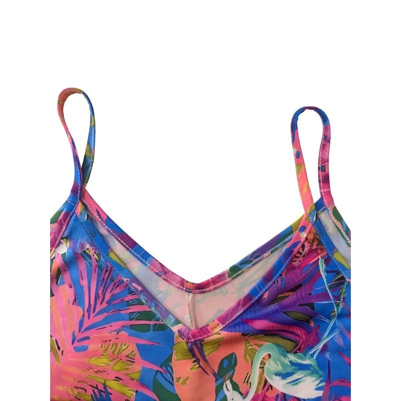 Plant Print V Neck Cami Dress, Casual Sleeveless Spaghetti Strap Dress For Spring & Summer, Women's Clothing