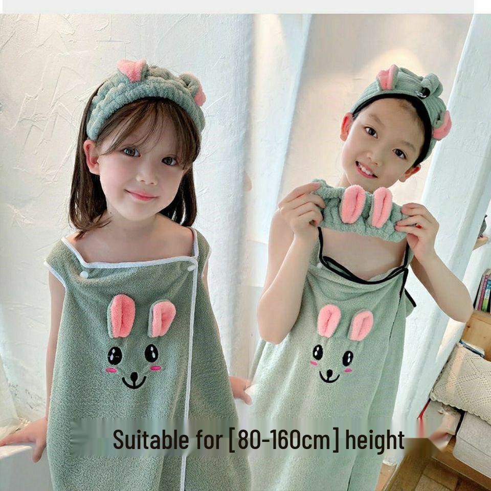 Children's Wearable Bath Towel & Headband Set - Soft, Absorbent, Lint-Free Bathrobe for Kids