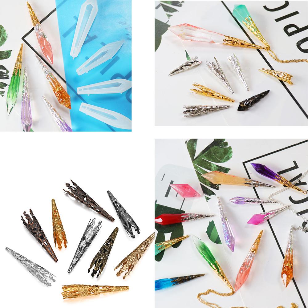 30pcs/Lot 42X8mm Alloy Bugle Filigree Caps End Bead Hollow Out Flower Cone Crystal Pendant Connector For Jewelry Making Supplies