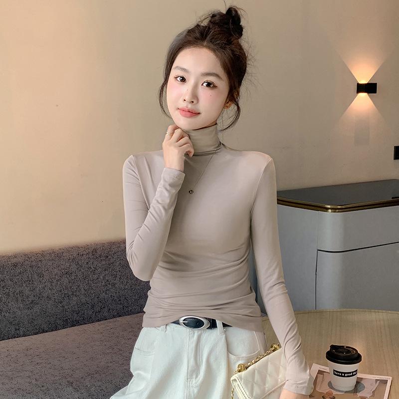 Женский черный модальный топ с длинным рукавом, облегающий, с высоким воротником, базовый слой для весны, осени, зимы 2024.