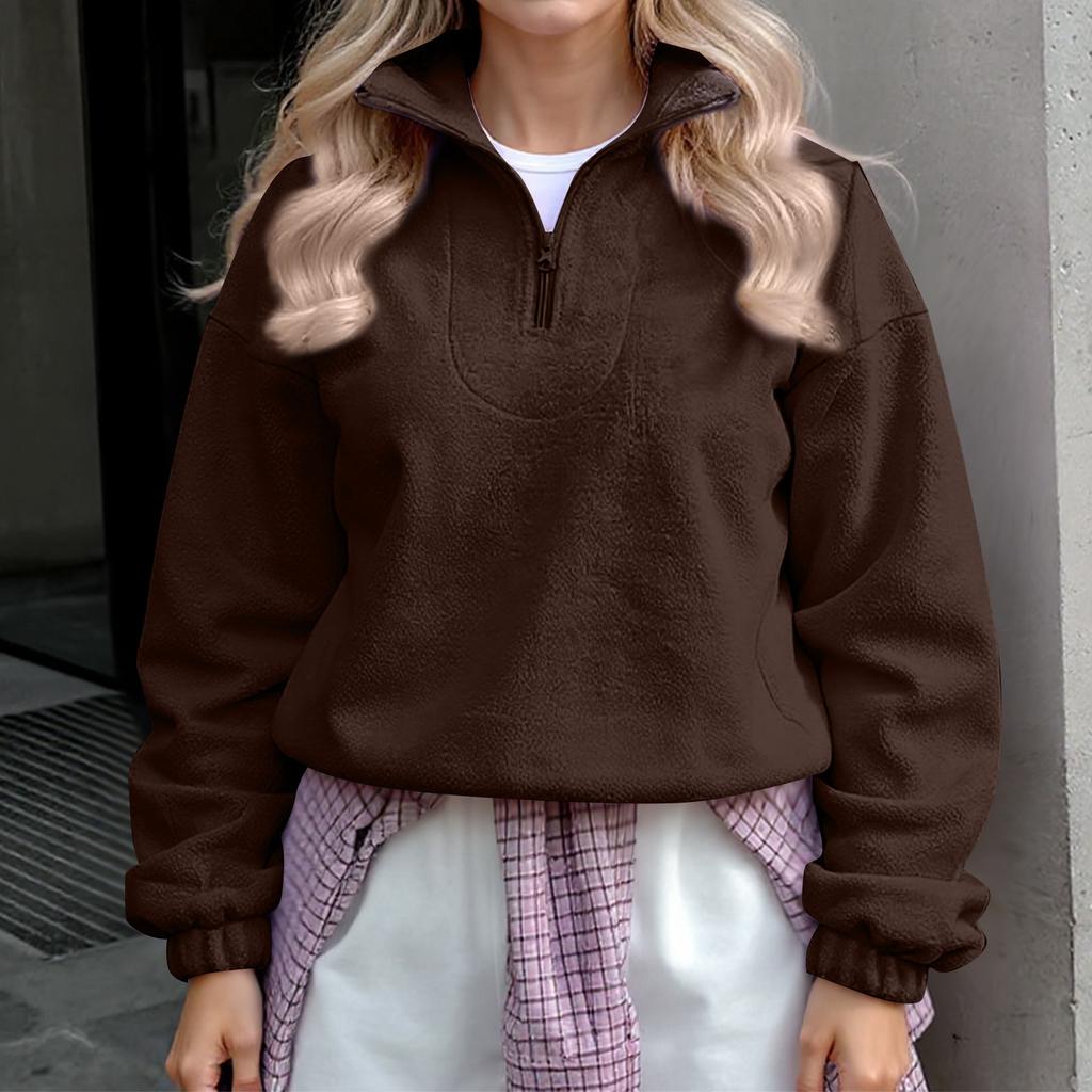 Женский модный и повседневный флисовый топ с длинным рукавом однотонной расцветки