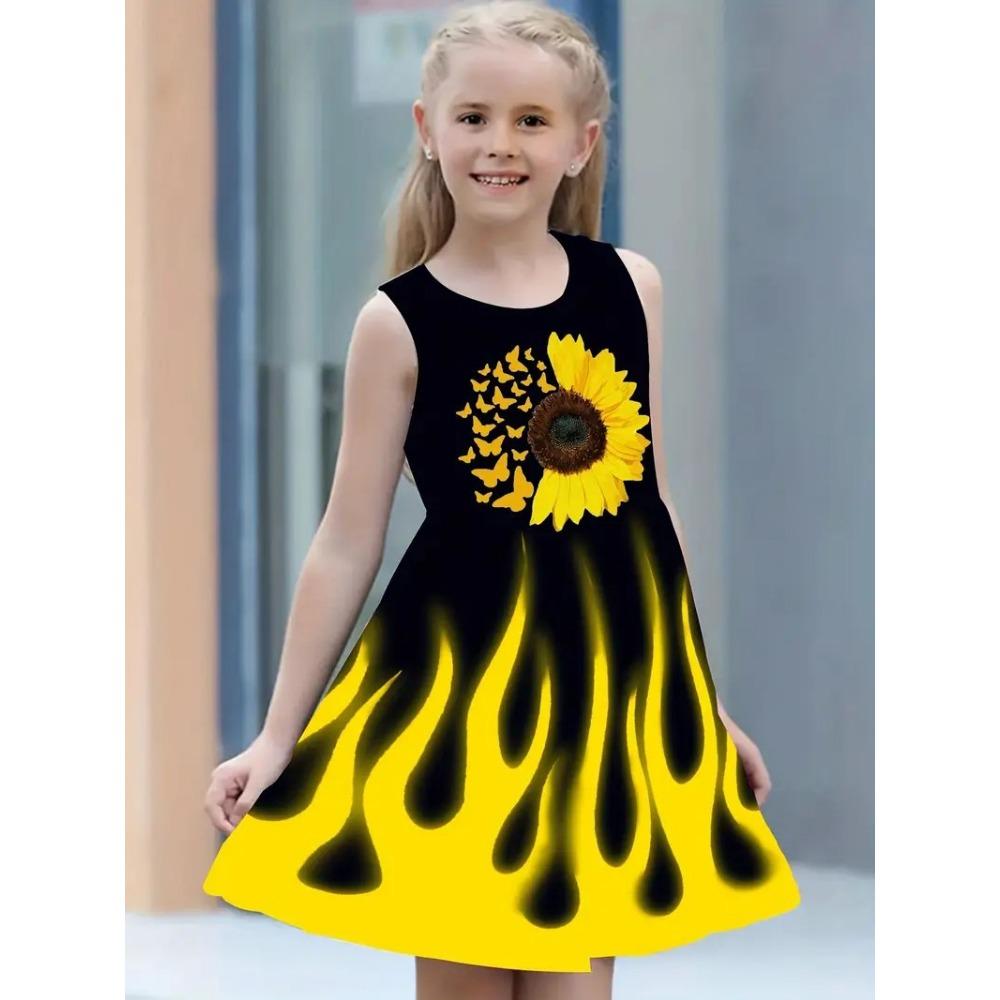 Fashion Girls Dresses Summer New Round Neck Vest Style 3D Printing Princess Skirt
