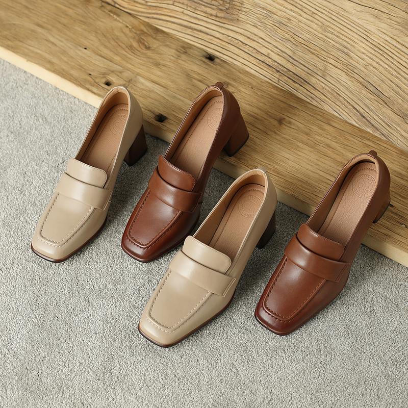 Мода 2025 Весна Новые Женские Туфли из Коровьей Кожи LEISURE Женские Слипоны Лодочки с Мелким Вырезом Квадратный Носок Высокий Каблук Женские Туфли Zapatos De Mujer