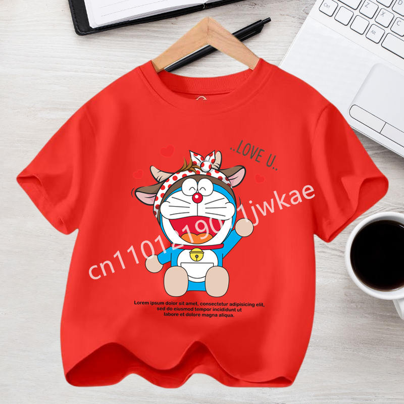 Kawaii Cotton Tops Boy Girl Summer Fashion Tees Kid Clothes Birthday Gift Doraemon Short Sleeves Children Cartoon Anime Tshirt