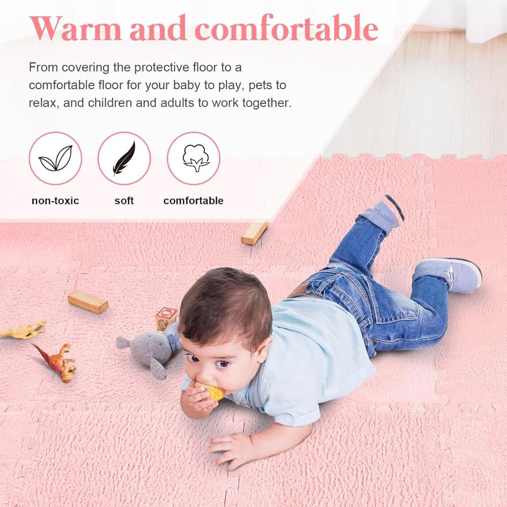 16 Pcs Plush Jigsaw Puzzle Mat Cute Soft and Fluffy Interlocking Rug EVA Foam Square Rug Children's Play Mat Bedroom Decor