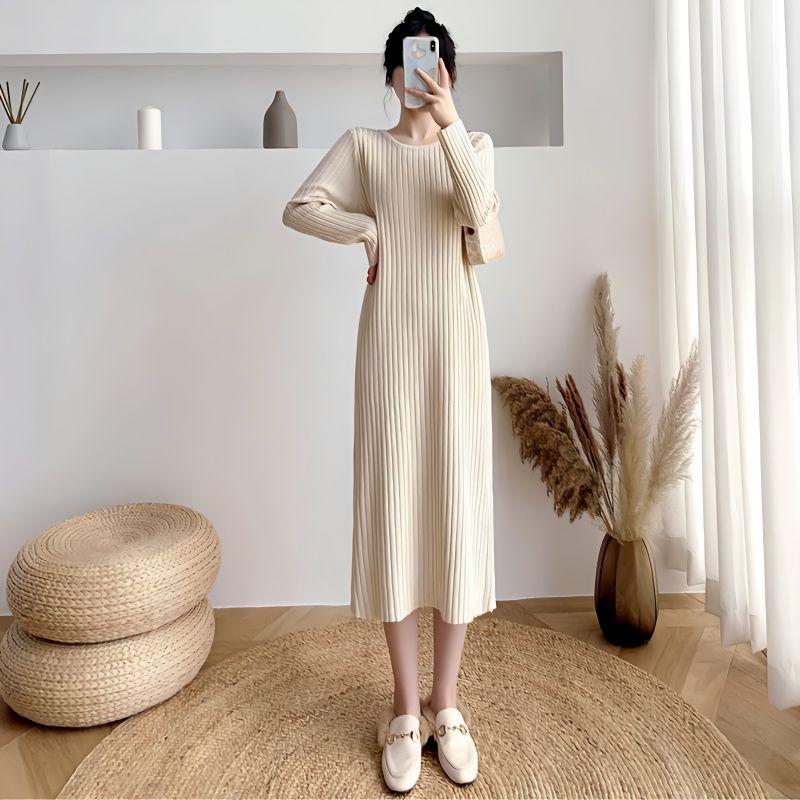 Sweater Pullover Dress Female Winter 2020 Long Sleeve Knit Dress New Mid Length Bottom Round Neck Straight Over Knee Sweater