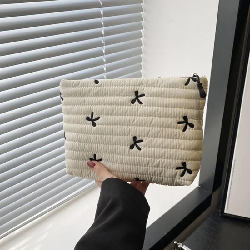 Large Capacity Cute Makeup Bag with Zipper - Embroidery Bow Cosmetic Wash Storage Bag for Women