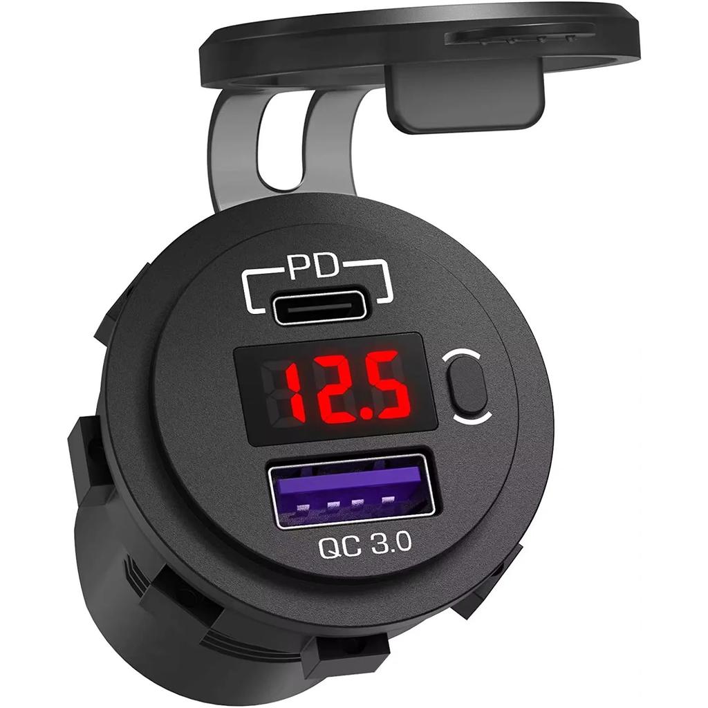 Автомобильное зарядное гнездо USB C 12 В/24 В, двойное USB-гнездо PD3.0 и QC3.0, автомобильный USB-порт со светодиодным вольтметром и выключателем вкл./выкл.