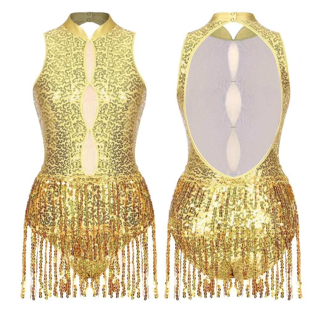 Women's Shiny Sequins Tassel Latin Jazz Dance Leotard Backless Fringed Bodysuit Lyrical Dance Costume