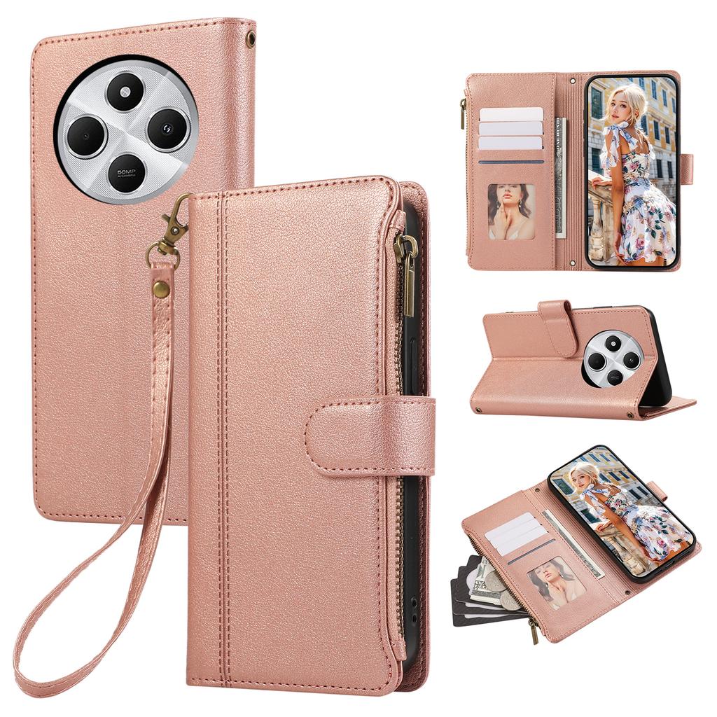 Leather Phone Cover For Xiaomi Redmi 14C 4G/A3 Pro 4G/A4 5G/14R 5G/Poco C75 4G/Poco M7 5G Multi Card Slots Zipper with Wrist Strap