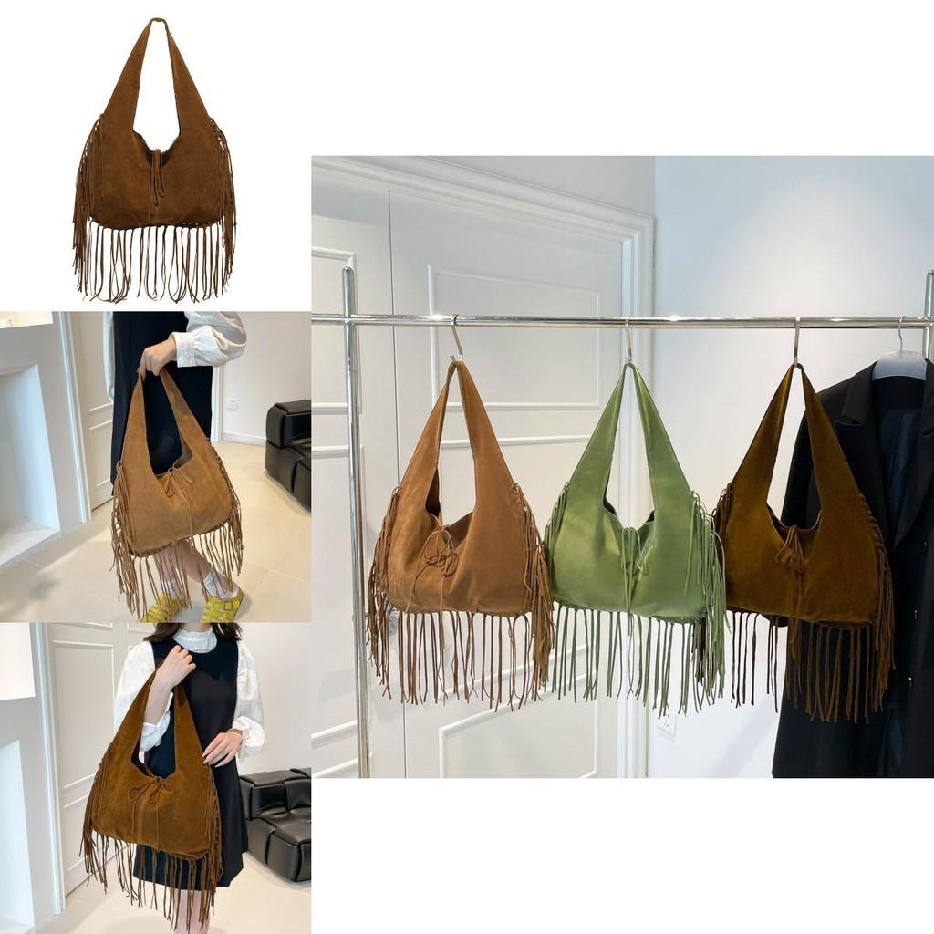 Vintage Suede Shoulder Tote Bag With Tassel Design And Solid Color For Daily Use