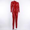 Women's Fashion Long Sleeve Red Paint Leather Catsuit PVC Latex Bodysuit Front Zipper Open Crotch Stretch Street Style Jumpsuit Plus Size