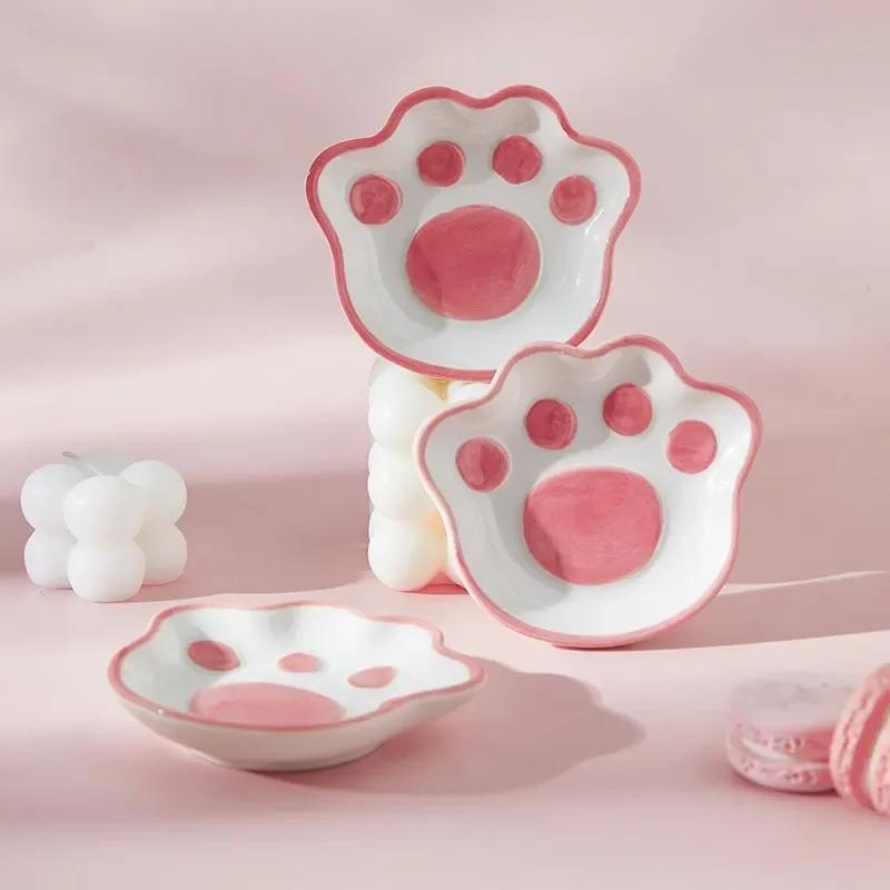 2023 Japanese Cute Cat's Paw Taste Dish Ceramic Cartoon Dessert Plate Soy Fruit Sauce Dish Seasoning Bowl Household Dip Dishes