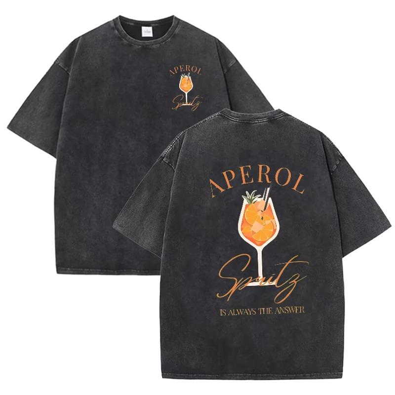 Винтажная стираная черная футболка с двусторонним принтом коктейля Aperol Spritz, свободная, с коротким рукавом, винная, повседневная футболка, азиатский размер