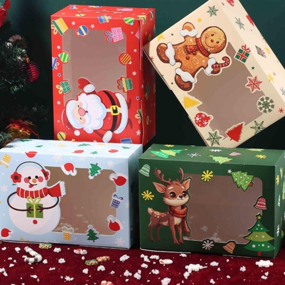 4pcs With Window Christmas Gift Boxes Snowman Design Opening Candy Packaging Bakery Boxes Gingerbread Theme Paper Box