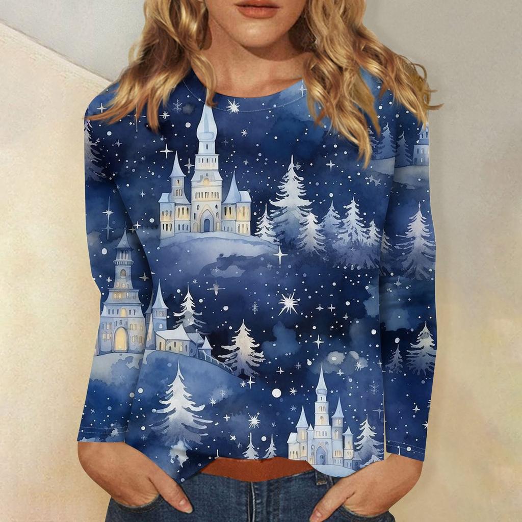 Женская мода повседневная рождественская печать круглый вырез длинный рукав декоративная футболка топ