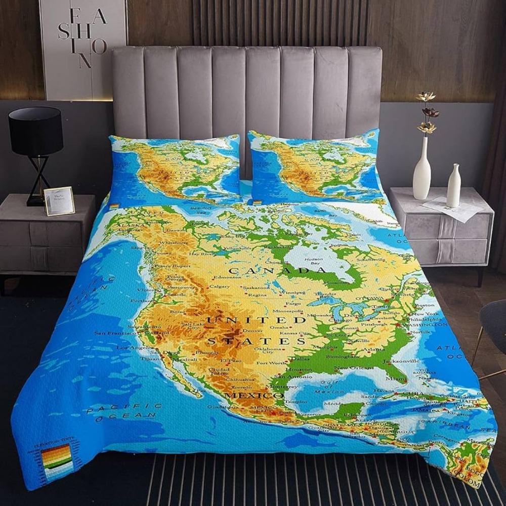 World Map Bedding Set Earth Pattern Bedding Cover Pillowcase Children and Teenagers Bedding Single/Double Size Gift