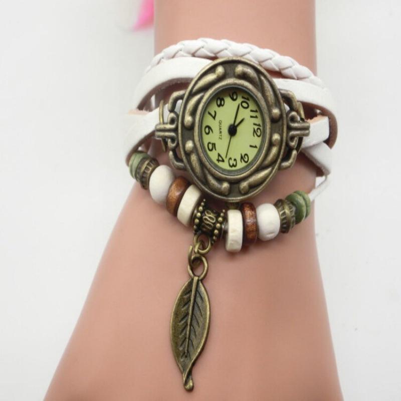 Ретро Лист Крылья Ангела Кулон Кожаный Ремешок Часы Кварцевый Браслет Наручные Часы