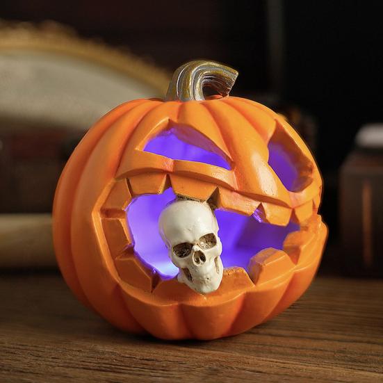 Скульптура тыквы на Хэллоуин со светом Жуткая фигурка тыквы с черепом Полимерное настольное украшение для декора дома и офиса