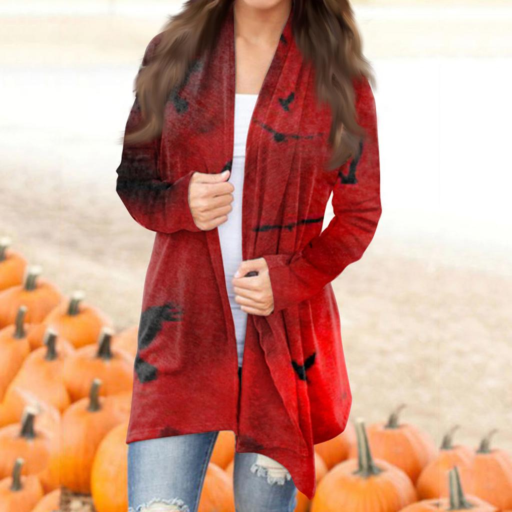 Женская мода, повседневный кардиган с принтом на Хэллоуин, средней длины, с длинными рукавами, пальто