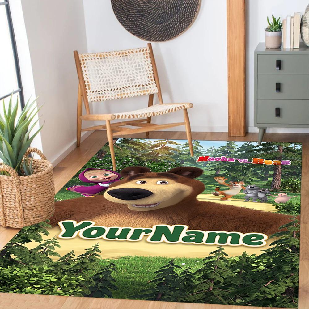 Masha Bear Customizable Name Floor Rug Office Rug Suitable for Outdoor Bedrooms Living Rooms Foyer Anti-slip Rug Decorate Offices Best for Christmas