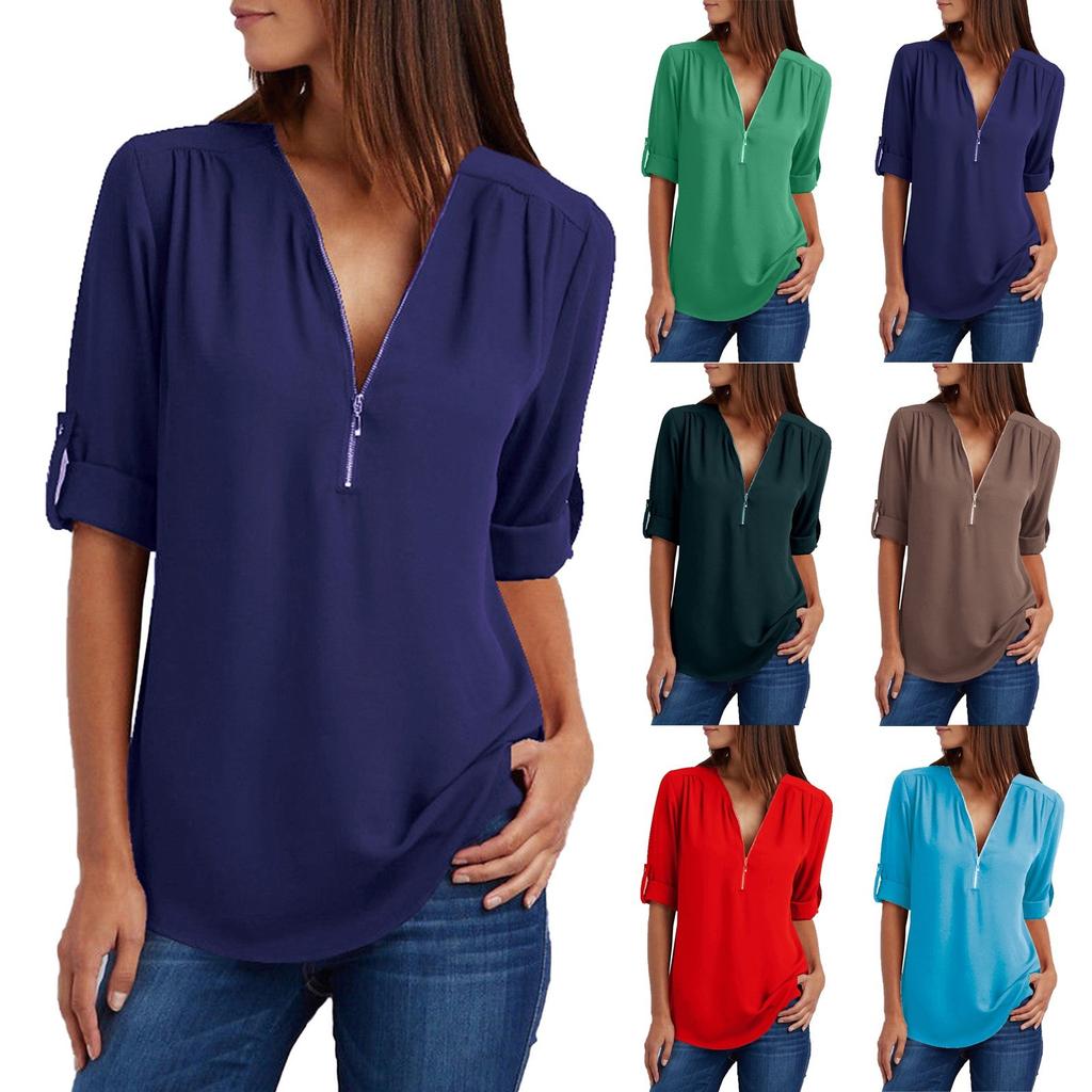 Women's Fashion Commuting Zipper V-Neck Rollable Sleeve Casual Solid Tops Blouse Loose T-Shirt