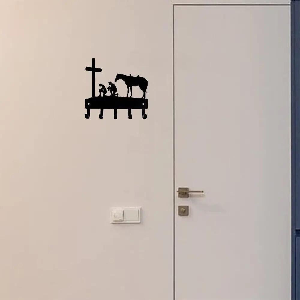 Cowboy Cowgirl At The Cross Wall Mounted Hook Up Pendant Wall Art Home Decor - Western Theme Metal Artwork for Stylish