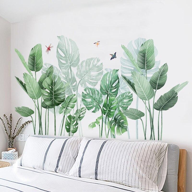 Зеленые тропические растения, листья, наклейки, бордюрный декор, украшение для угла гостиной, стены, съемные виниловые художественные наклейки