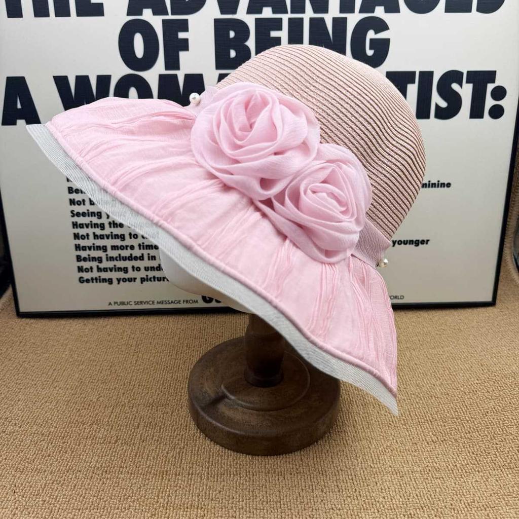 Summer French retro straw hat big brim sun hat women's double rose pearl sun protection bucket hat travel sun hat