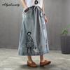 Японская мори девушка, весна-осень, женская джинсовая юбка трапециевидной формы с высокой талией, винтажная юбка с мультяшной аппликацией, элегантная рваная шикарная юбка