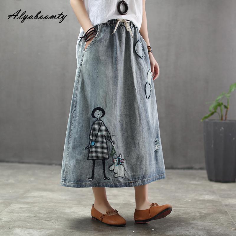 Японская мори девушка, весна-осень, женская джинсовая юбка трапециевидной формы с высокой талией, винтажная юбка с мультяшной аппликацией, элегантная рваная шикарная юбка