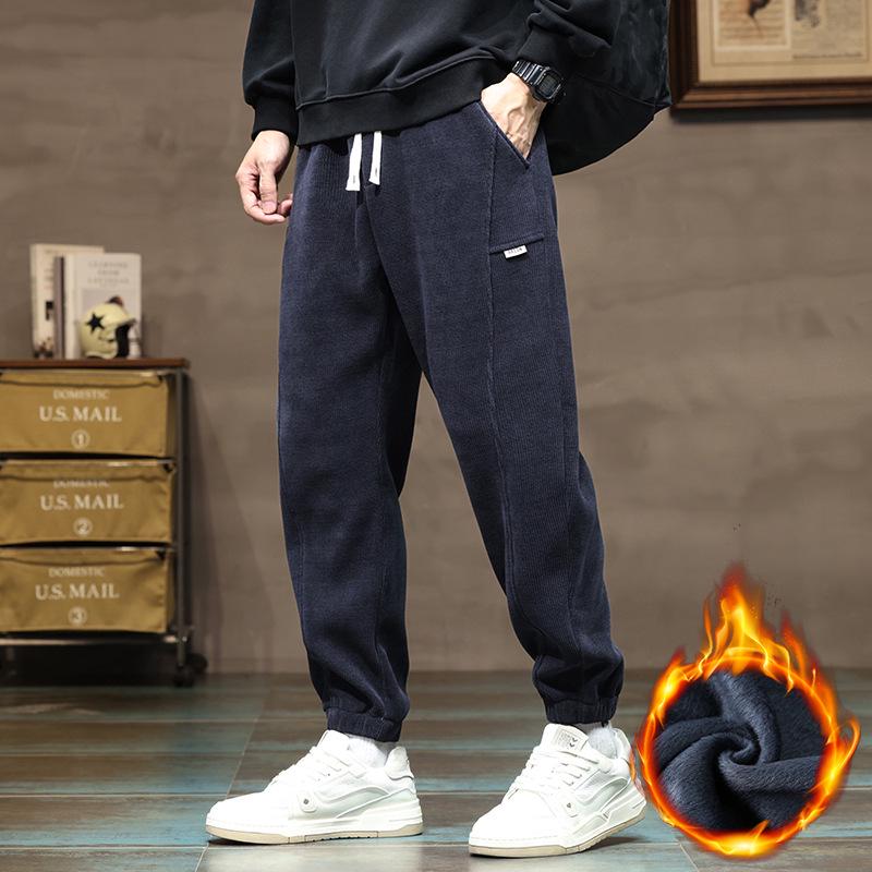 Мужские вельветовые спортивные штаны на флисовой подкладке на зиму 2025: Плотные повседневные хлопковые брюки для осени и зимы
