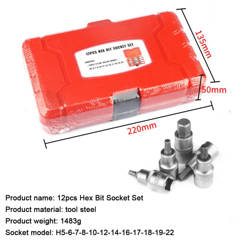 12 шт. 1/2 "Профессиональный набор ударных шестигранных бит H5 H6 H7 H8 H10 H12 H14 H16 H17 H18 H19 H22
