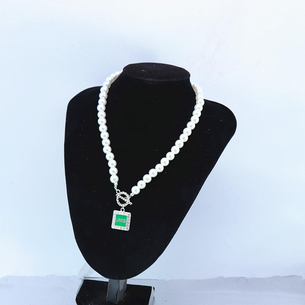 Women Wear 10mm Pearl Chain OT Buckle Square Pendant Greek Sorority Group Green the Incorporated Links Necklaces