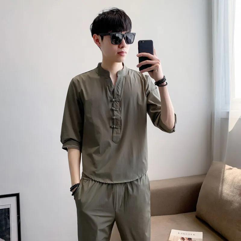 Three-quarter Sleeve T-shirt Suit Men's Plus Size Chinese Style Loose Top Youth Thin Summer T-shirt Two-piece Suit