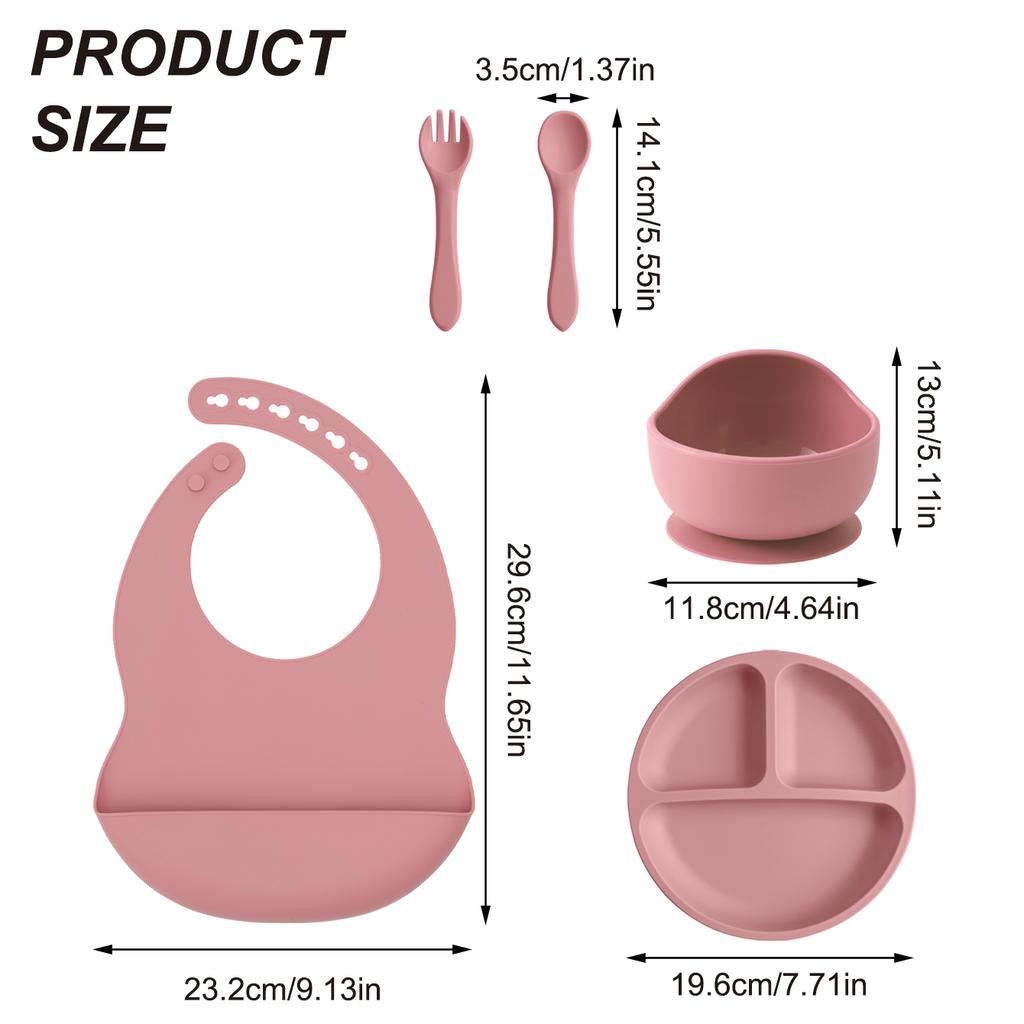 Color Kids 5 шт. Силиконовый детский набор для кормления Тарелки на присосках Тарелка Без BPA Миска на присоске Слюнявчик Ложка Вилка Тренировочная посуда Подарочный набор