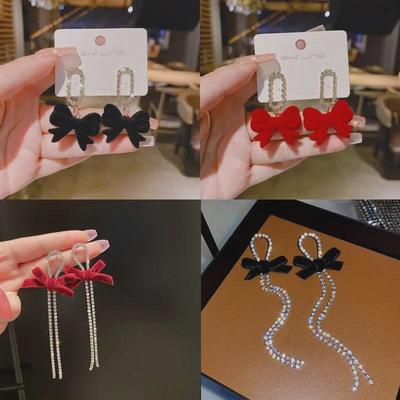 Серебряные бархатные серьги-кисточки с бантом и бриллиантами - корейский стиль