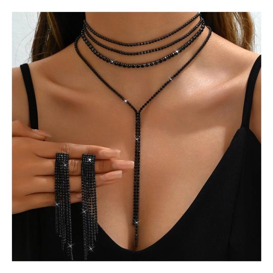2 Pcs/Set Women Necklace Earrings Set for Formal Banquet And Prom Multi-layered Tassel Rhinestone Adjustable Chain Wedding Bride