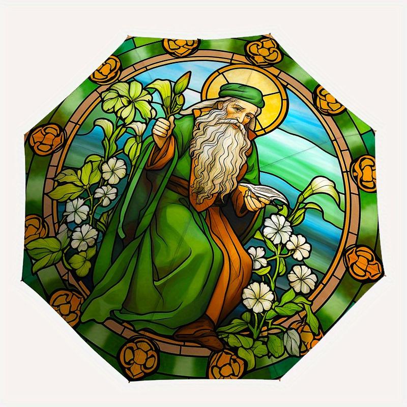 Stained Window Art: Medieval Sage with FlowersUmbrella, Portable 3-Fold Compact Umbrella for Men & Women Gift