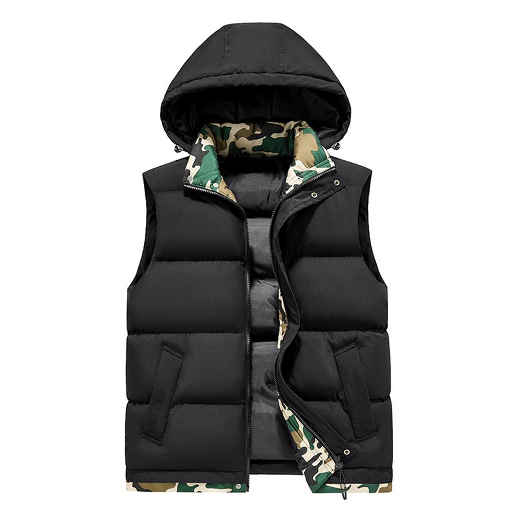 Men's Casual Solid Color Inner Camouflage, Cotton Thickened Windproof Vest, Men's Stand-up Collar Hooded Sleeveless Vest Jacket