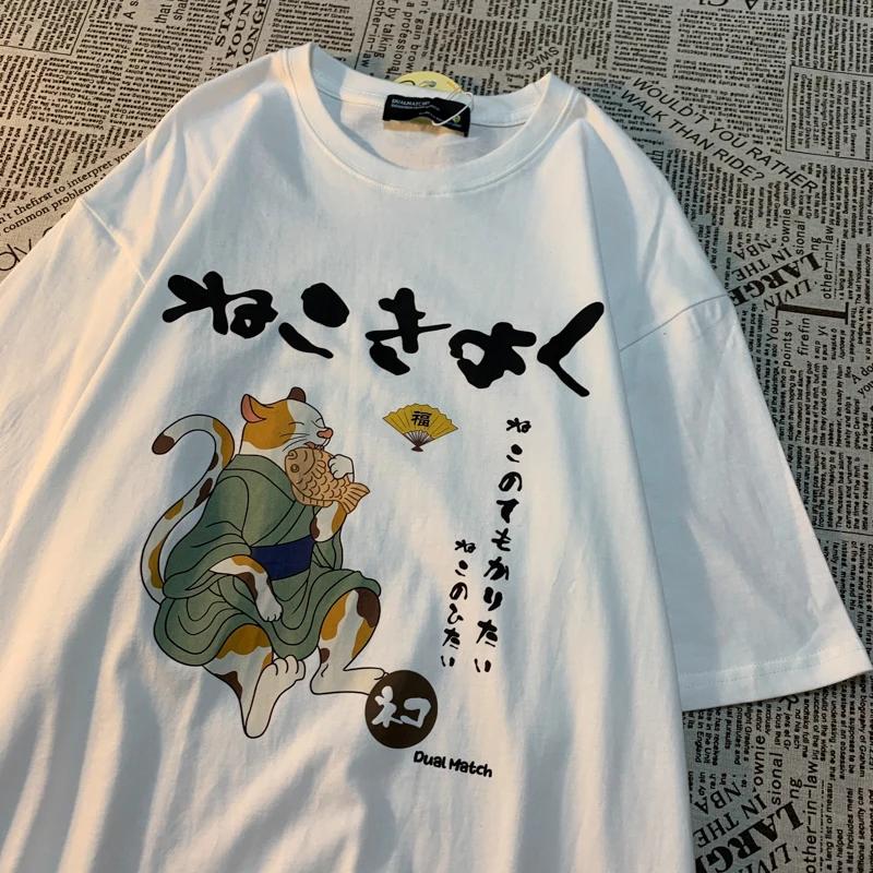 Original Japanese Retro Fun Fish CAT Cartoon Print Pure Cotton Short Sleeved T-shirt Men Women Trendy Loose Round Neck Tee Shirt